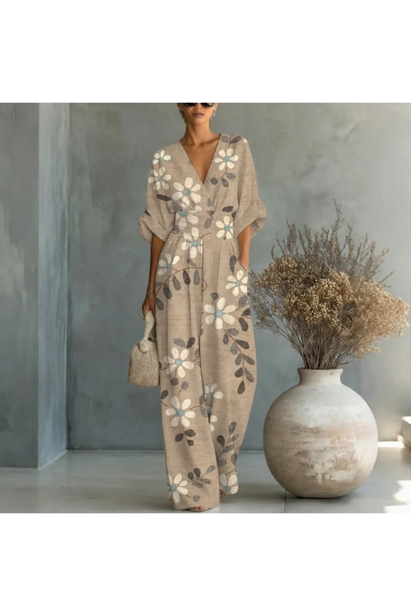 2026 New Womens Jumpsuit Dressy Summer Casual Boho Floral Short Sleeve Jumpsuit V Neck Wide Leg Trendy Loose Flowy One Piece Bodysuit(Khaki,XXXL)