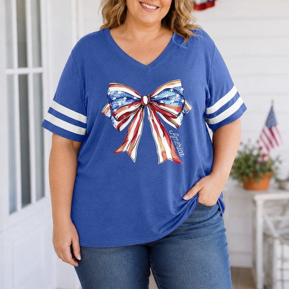 2026 New Womens Plus Size Tops 4th of July V Neck Shirt Graphic Loose Fit Flower Short Sleeve Patriotic Tee Casual Summer Tops(Blue,XXXXL)
