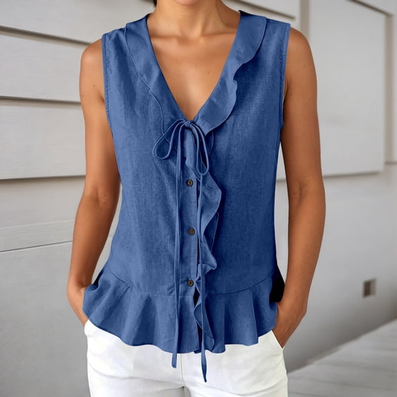 2026 New Womens Sleeveless Sweater Vest Ruffle Button Down Knit Tank Top Summer Trendy Going Out Vest Tops(Blue,M)