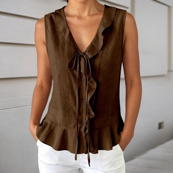 2026 New Womens Sleeveless Sweater Vest Ruffle Button Down Knit Tank Top Summer Trendy Going Out Vest Tops(Coffee,L)