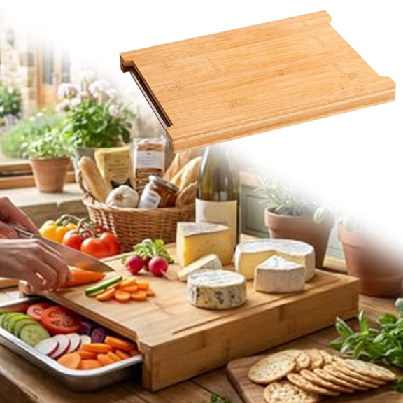 2026 New Wood Cutting Board with Slide Out Trays,Catches Food and Waste,Solid Wooden Butcher Block with Removable Drawers,Kitchen Cooking Supplies (13.19"L x 9.45"W x 1.26"Th)