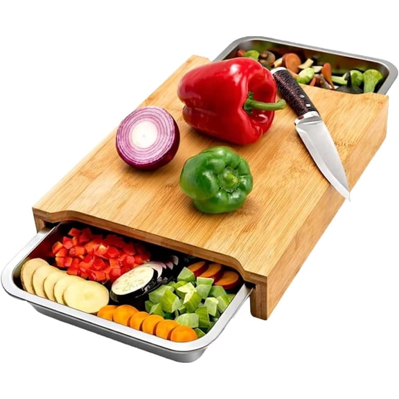 2026 New Wood Cutting Board with Slide Out Trays – Large Bamboo Chopping Board with Juice Groove, Collapsible Colander & Non-Slip Feet for Kitchen Prept ,1 Piece