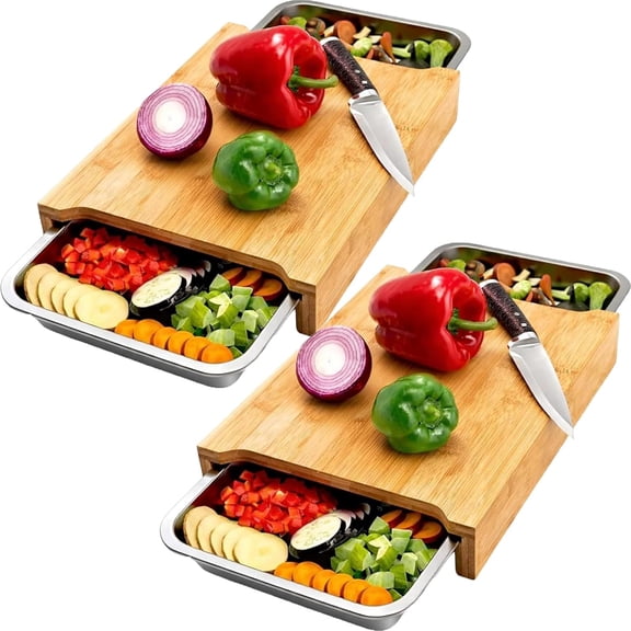 2026 New Wood Cutting Board with Slide Out Trays – Large Bamboo Chopping Board with Juice Groove, Collapsible Colander & Non-Slip Feet for Kitchen Prept (Double*2)