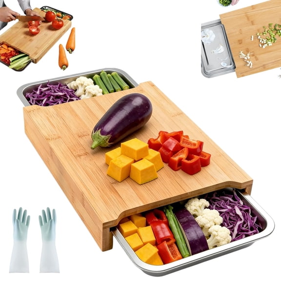 2026 New Wood Cutting Board with Slide Out Trays, Solid Wooden Butcher Block with Removable Drawers for Food Waste, Large Multi-Functional Chopping Board for Kitchen (Bamboo)