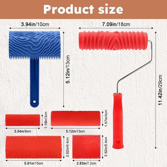 2026 New! Wood Graining Tool Set, 6Pcs 7" Fake Wood Grain Roller Painting Tool with Handle Diy Rubber Graining Tool Paint Look Like Wood for Wall Room Art Paint Decoration