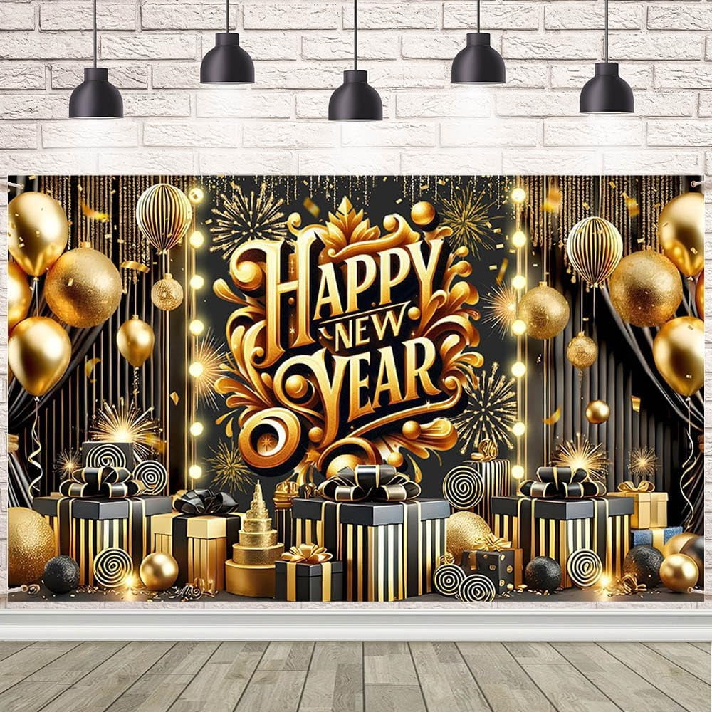 2026 New Year Backdrop Black Gold Happy New Year 2026 Photography ...