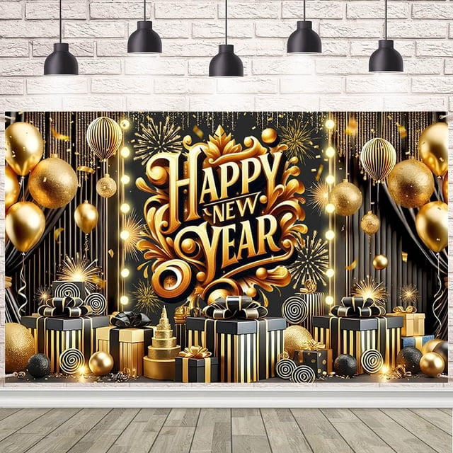 2026 New Year Backdrop Black Gold Happy New Year 2026 Photography ...