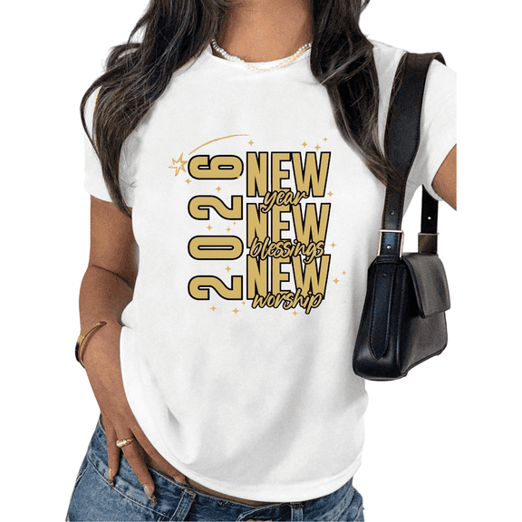 2026 New Year Blessings Theme Graphic Tee T Shirt Festive Gold Pattern Tops Short Sleeve Round Neck White S-5XL