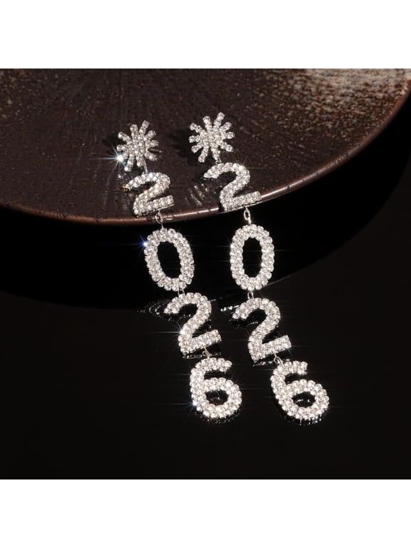 2026 New Year Digital Stud Earrings Shiny Rhinestone Snowflake Butterfly Long Pendant Earrings Christmas Party Jewelry Birthday Anniversary Gifts