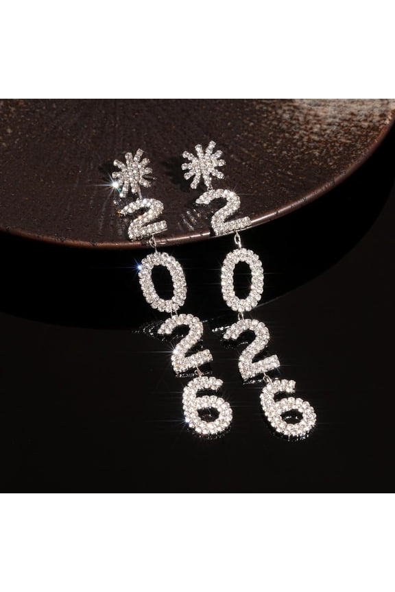 2026 New Year Digital Stud Earrings Shiny Rhinestone Snowflake Butterfly Long Pendant Earrings Christmas Party Jewelry Birthday Anniversary Gifts
