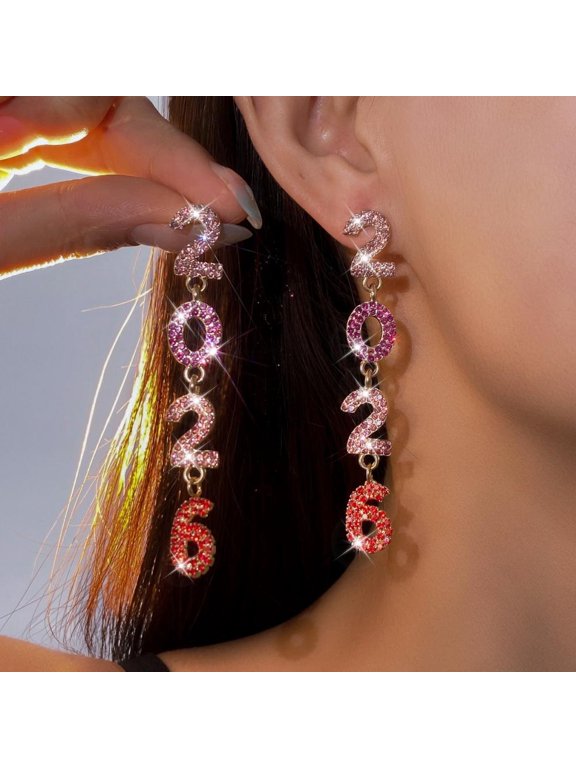 2026 New Year Digital Stud Earrings Shiny Rhinestone Snowflake Butterfly Long Pendant Earrings Christmas Party Jewelry Birthday Anniversary Gifts
