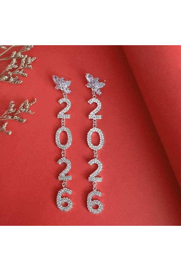2026 New Year Digital Stud Earrings Shiny Rhinestone Snowflake Butterfly Long Pendant Earrings Christmas Party Jewelry Birthday Anniversary Gifts