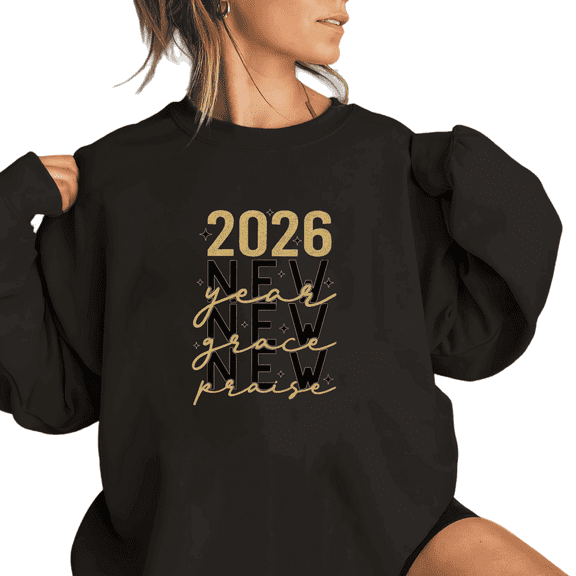 2026 New Year Grace Theme Gold Text Graphic Trendy Cotton Tee T Shirt Top Round-neck long-sleeved Black S-3XL