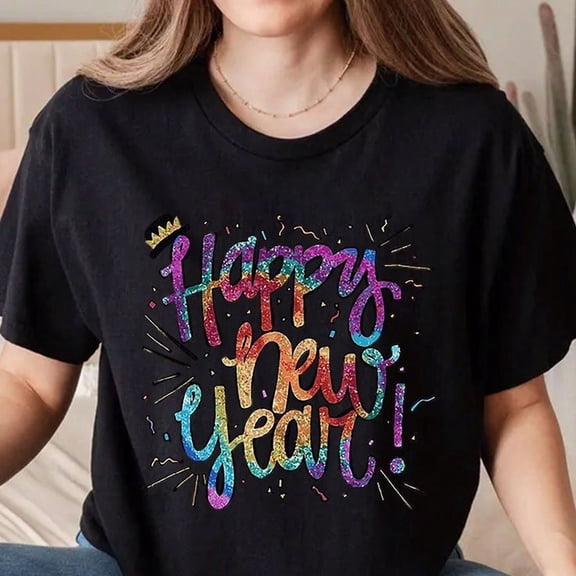 2026 New Year Happy New Year Celeb1ration Design Plus Size Printed Crew Neck S1Hort eeve T-S1Hirt H1oliday Gif, Party Costumes C1Asual Comfortable Breathable Pure Cotton T-S1Hirt 220g