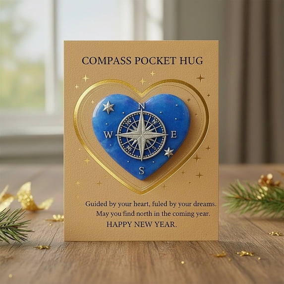 2026 New Year Pocket Hug Keepsake, Compass Pocket Hug New Year Keepsake - 3.5x4.5in Resin Heart Memorial, Inspiring Gift for Friends & Family (B,1PC)