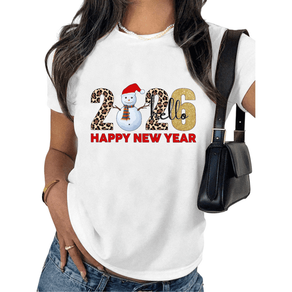 2026 New Year Snowman Print Tshirt Graphic Tees white Shirts S-5XL Holiday Classy Cotton Graphic Tops