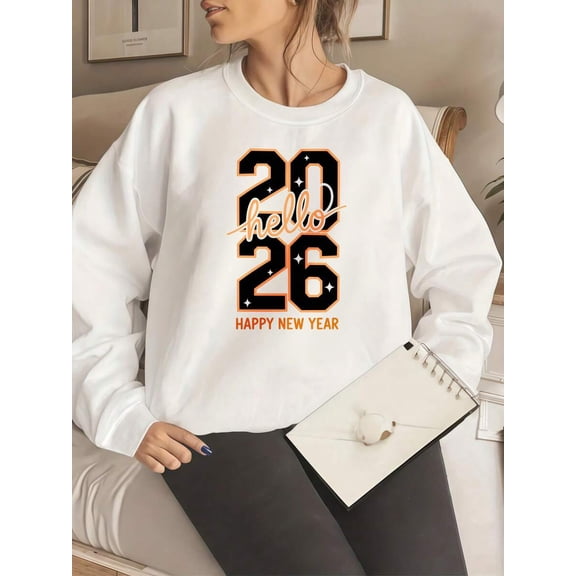 2026 New Year Sweatshirt - Unisex Crewneck Long Sleeve Graphic Tee, White Oversized Top for New Year Celebration, Casual Apparel