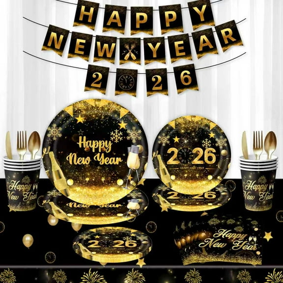 2026 New Year black and gold themed party supplies, party supplies set includes banners, tablecloths, plates, cups, paper towels, suitable for boys and girls New Year theme party supplies