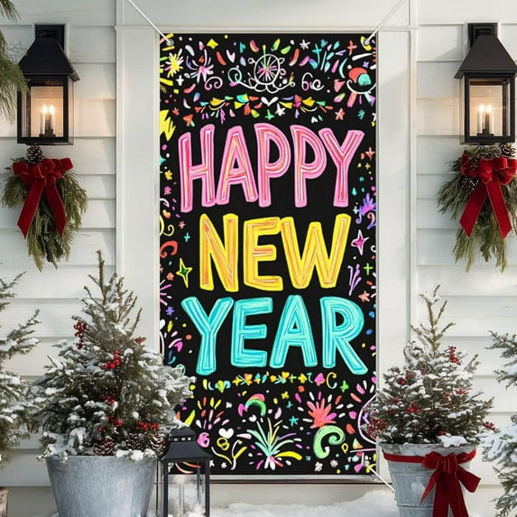 2026 New Year's Eve & Christmas Decorative Banner - 70.8x35.4in Polyester Backdrop, Multicolor Door Cover for Front/Indoor Doors, Wall & Holiday Dining Table