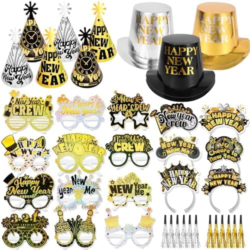 2026 New Years Eve Party Supplies, for 18 Guest, 2026 Happy New Year Party Decoration Include Cone Hats Tiaras Tassel Squawkers Glitter New Year Glasses 2026, Black and Gold Top Hats