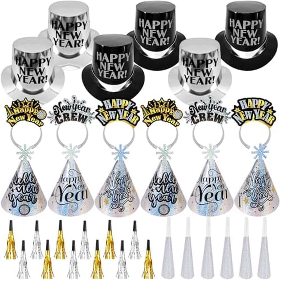 2026 New Year's Eve Party Supplies, News Years Top Hats Cone Hats Headband Blowouts, Black Silver New Year's 2026 Party Kits with Tiara Noisemaker Head Wear for Photo