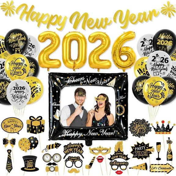 2026 New Years Eve Party Decorations Supplies Set, Happy New Year Banner Balloons 2026 Foil Gold Balloons Photo Booth Props Photo Frame Foil Balloon 47PCS