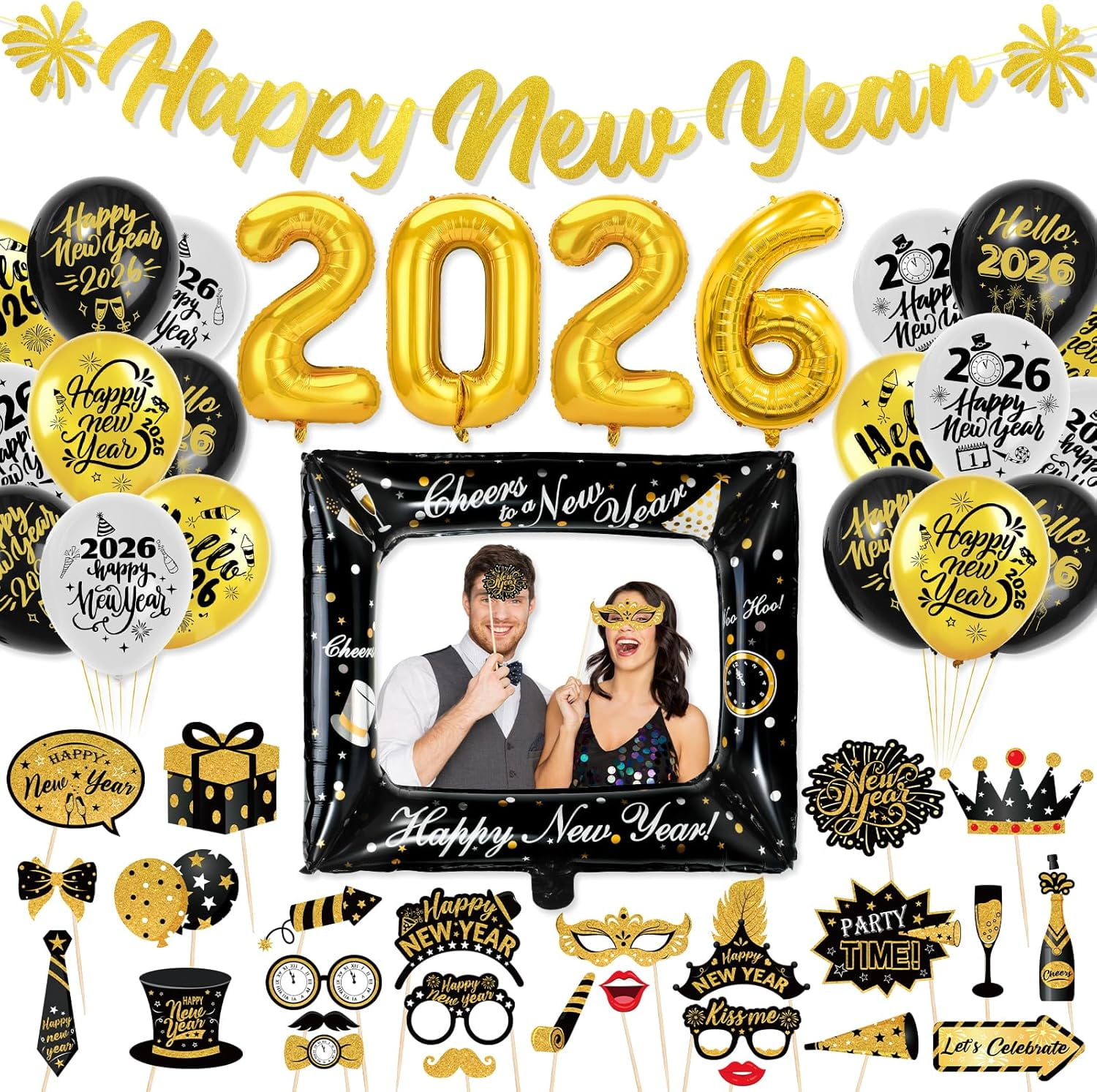 2026 New Years Eve Party Decorations Supplies Set, Happy New Year Banner Balloons 2026 Foil Gold Balloons Photo Booth Props Photo Frame Foil Balloon 47PCS