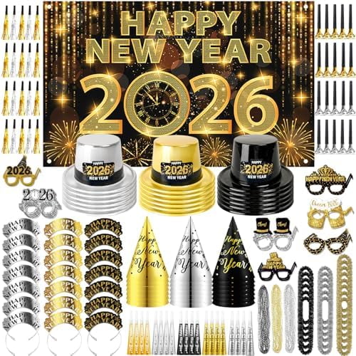 2026 New Years Eve Party Supplies Bulk Serve 60 - New Year's Banner Backdrop Top Hats, Cone Hats, Tiara, Glasses, Bead Necklace, Leis, Horns, Blowouts, Noiese Makers, Event Party Favors