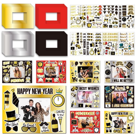 2026 New Years Eve Party Supplies  Photo Booth Props Kit with 24-Pack DIY Paper Photo Frames, Cartoon Stickers, Giant Glitter Frame & 2026 Glasses for Family Classroom Party