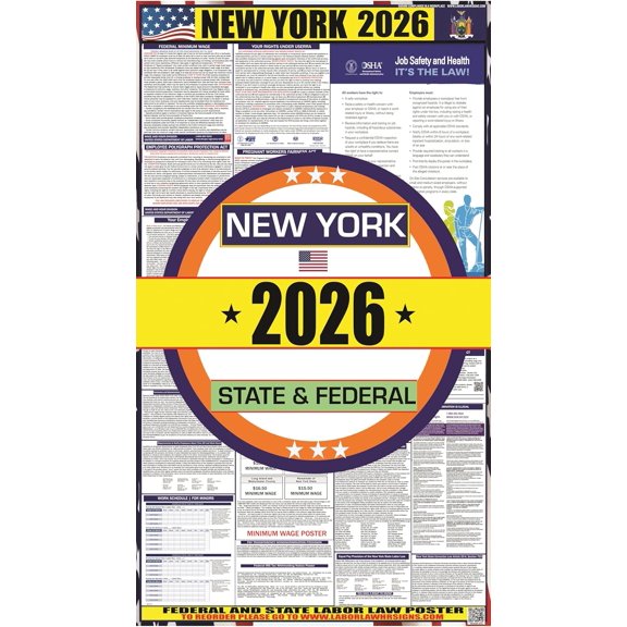 2026 New York (NY) State Labor Law Poster - State, Federal and OSHA Compliant Laminated Poster - Ideal for Posting in The Workplace - Easy to Read Print - Perfect for Common Rooms and Cafeterias