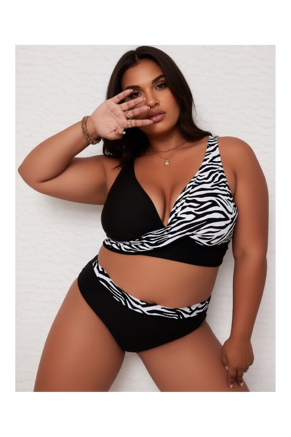 2026 New Zebra Print Two Piece Swimsuit High Waisted Bikini Set with Adjustable Halter Top, Women's Black Swimsuit