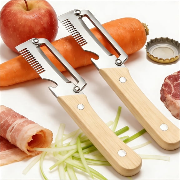 2026 New Zero Snag Wooden Peeler, 4 in 1 Multifunctional Vegetable Peeler with Wooden Handle, Ultimate Kitchen Tool for Fruit,Vegetables,Meat Slicing,Green Onion Shredding & Bottle Cap Opener