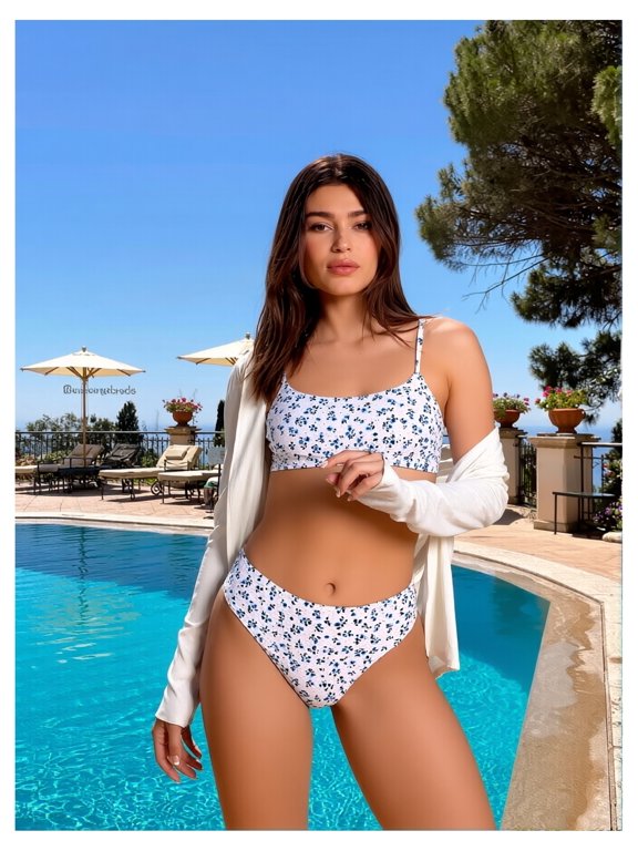 2026 New module Blue and white floral pattern strapless bikini set