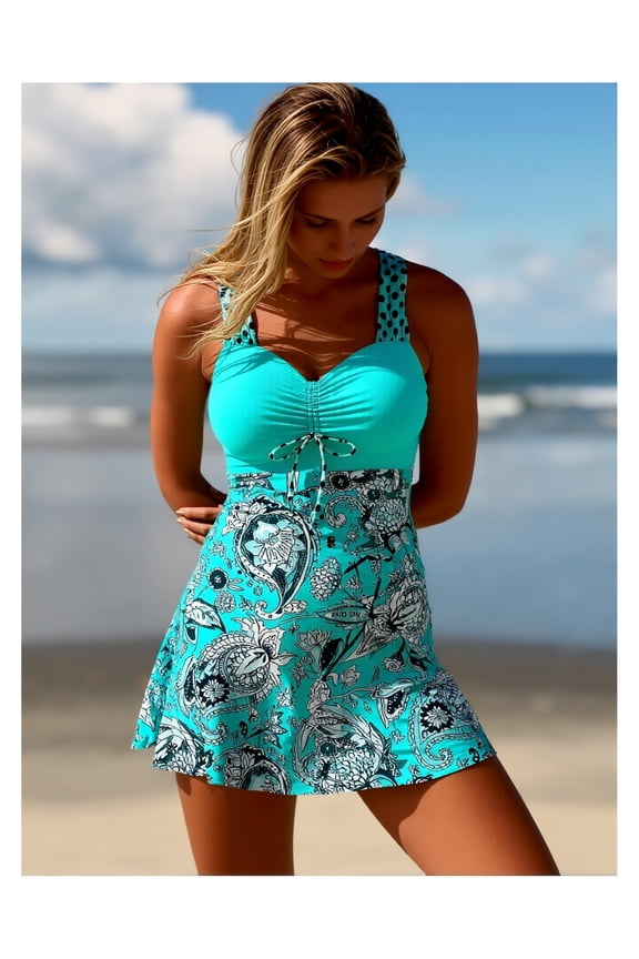 2026 New module Tankini Swimsuit for Women Turquoise Paisley Print - Polka Dot Straps Flared Skirt Two Piece Swimwear Bathing Suit with Tie Front - Modest Swimsuits for Beach Vacation