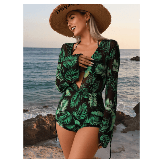 2026 New module Women's Black Green Palm Leaf Print Long Sleeve Cover ...