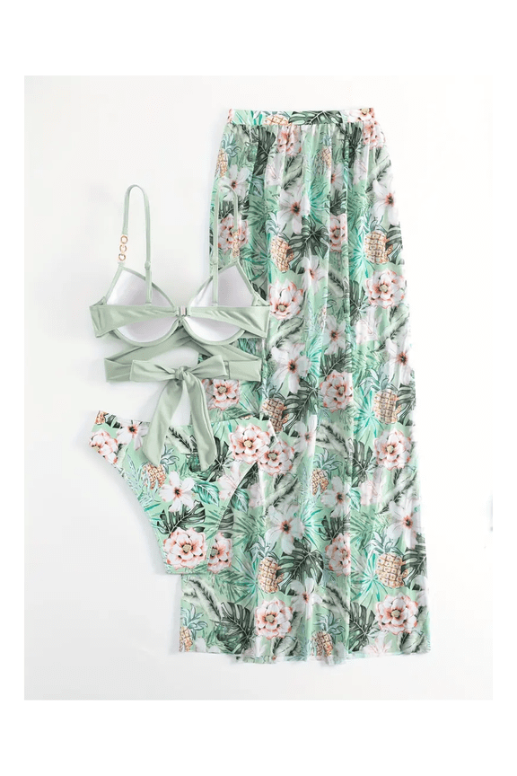 2026 New module Women's Light Green Tropical Floral Pineapple Print 3-Piece Swim Set - Cross Wrap Underwire Bikini Top with Printed Bottoms Matching Maxi Skirt for Beach, Pool, Vacation S-XL