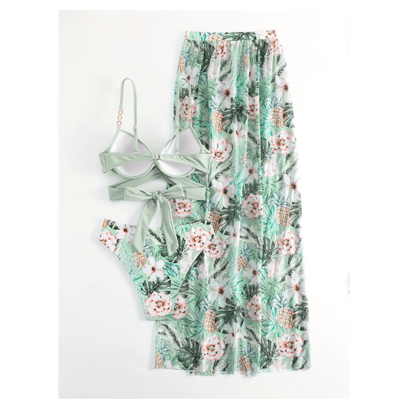 2026 New module Women's Light Green Tropical Floral Pineapple Print 3-Piece Swim Set - Cross Wrap Underwire Bikini Top with Printed Bottoms Matching Maxi Skirt for Beach, Pool, Vacation S-XL