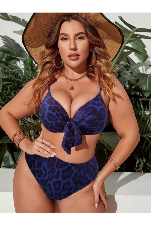 2026 New plus Size Leopard Print Bikini High Waist Sexy Separate Swimwear Gathered Backless Cross Border Large Size Polyester