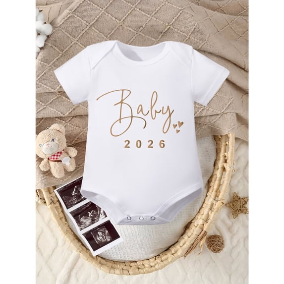 2026 Newborn Baby Bodysuit - Short Sleeve Romper with "BABY" Letter Print, Soft Breathable Fabric, Front Button Closure, All-Season Comfort for Boys & Girls, Casual Style, Baby Boy Clothes