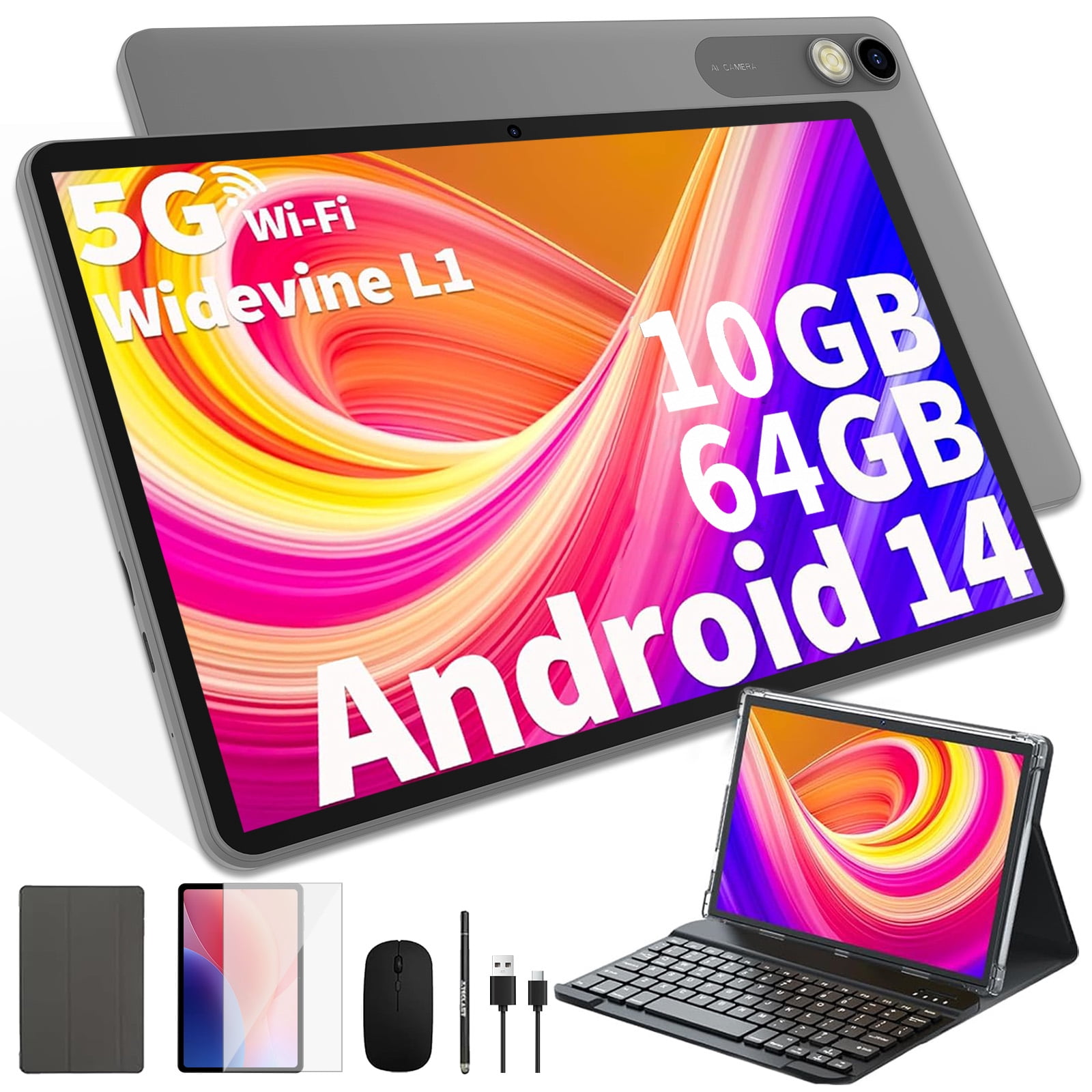 2026 Newest Android 14 Tablet with Keyboard, 10GB(4+6)RAM+64GB Storage(Expand to 1TB), 6000mAh Battery, Widevine L1, 10 Inch 2-in-1 Tablets with WiFi 5, BT5.0, Mouse, Case, Stylus