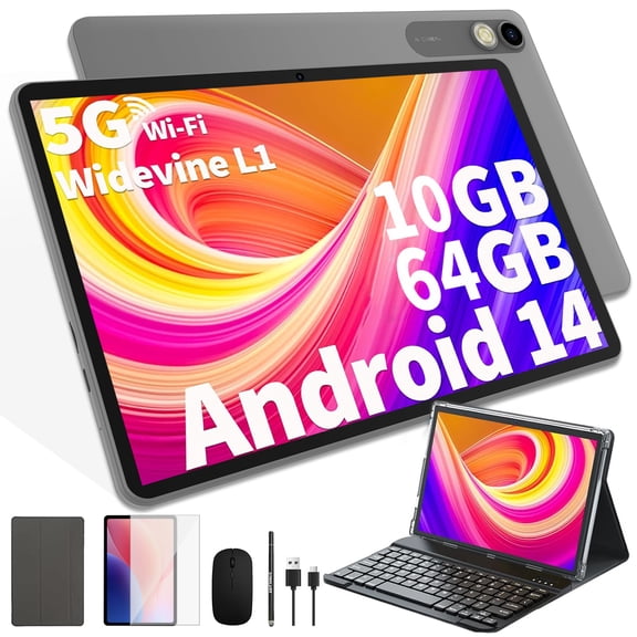 2026 Newest Android 14 Tablet with Keyboard, 10GB(4+6)RAM+64GB Storage(Expand to 1TB), 6000mAh Battery, Widevine L1, 10 Inch 2-in-1 Tablets with WiFi 5, BT5.0, Mouse, Case, Stylus
