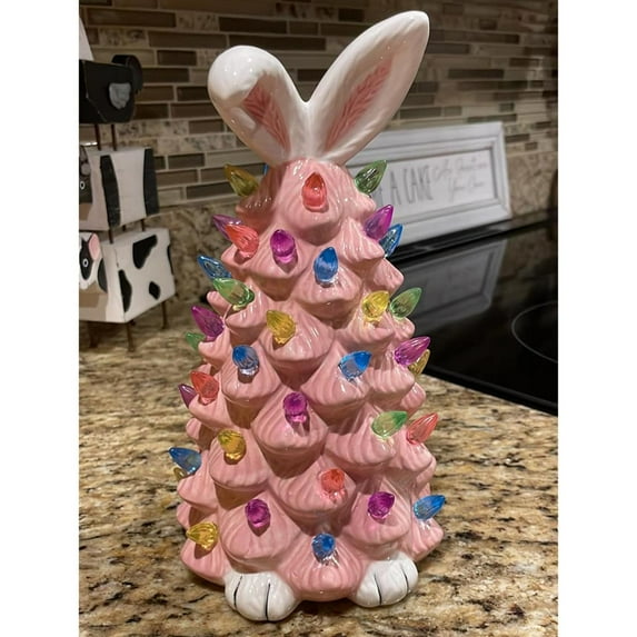 2026 Newly Lighted Easter Bunny Resin Tabletop Tree 6 Inches Pre-Lit Rabbit Figurines with Colorful Lamp Beads and Bunny Ear Top Spring Easter Holiday Decor Gifts