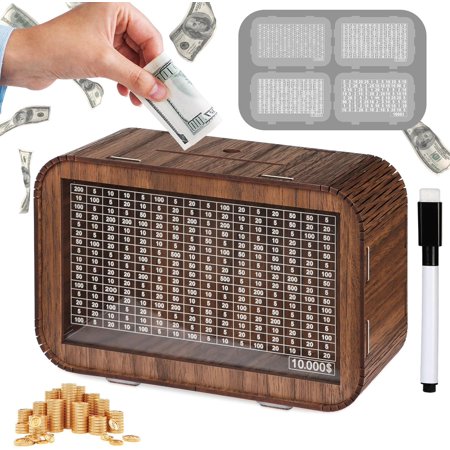 2026 Newyear Gift 4-in-1 Piggy Bank for Adults Kids - Fully Assembled Wooden Money Saving Challenge Box(1000/3000/5000/10000) - Money Bank with Counter Dry Erase Pen - Kakeibo Money Box for Cash Coin