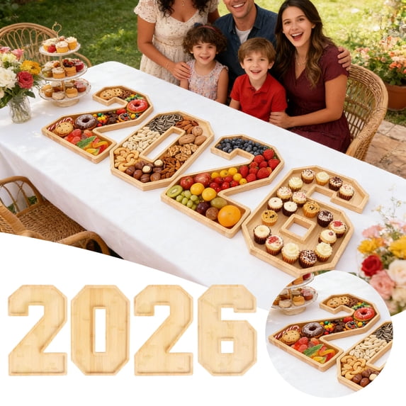2026 Number Charcuterie Tray Set - 4 Wood Food Platters for Entertaining, Ideal for Snack & Fruit Display,Reusable Charcuterie Boards for Graduation, New Year, Birthday Party Table Decor