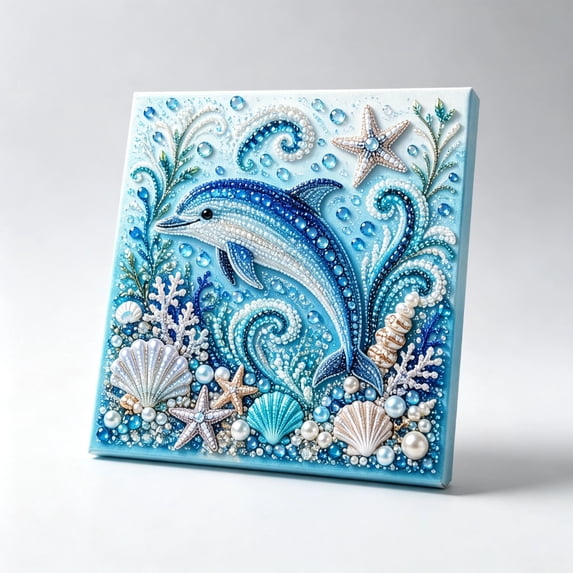 2026 Ocean Theme Pearl Art DIY Kit 3D Pearl Painting Kit Dolphin Sparkling Coastal Diamond Painting Kit for Adults and Beginners Nautical Home Wall Decoration