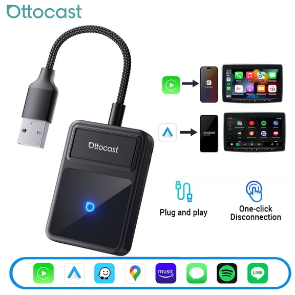 Ottocast U2Air Edge Wireless CarPlay & Android Auto Adapter, 1-Button Switching for 2 Devices, Auto Reconnect, Compact Design