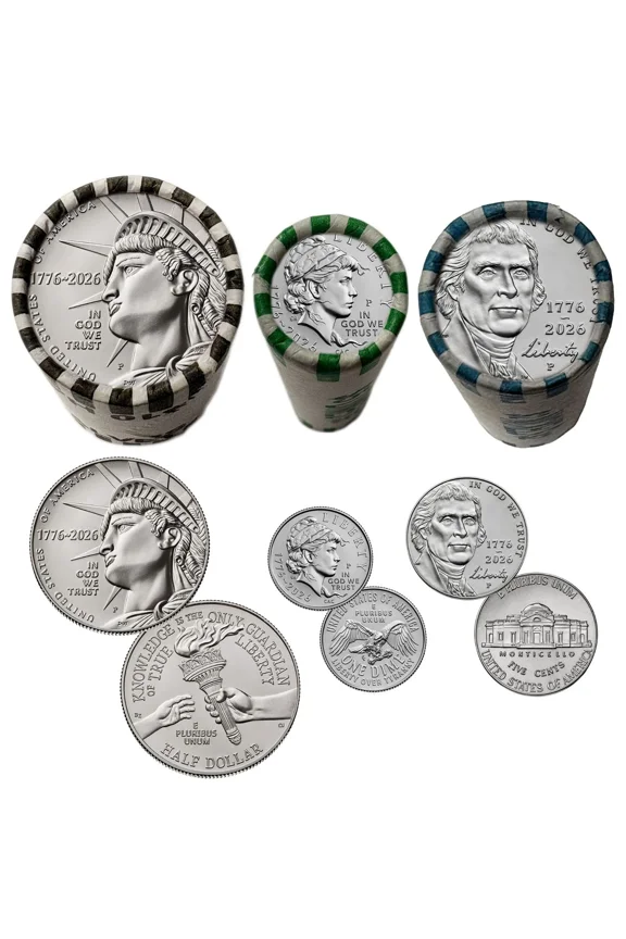 2026-P Enduring Half Dollar + Emerging Dime + Jefferson Nickel Official Liberty Set of 3 Coin Rolls BU, America's 250th Anniversary