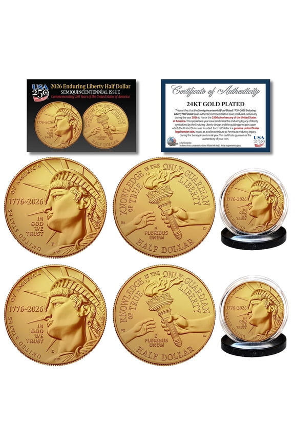 2026 P & D Mints 24K Gold Plated Enduring Liberty Half Dollar 2-Coin Set BU America 250 - Semiquincentennial