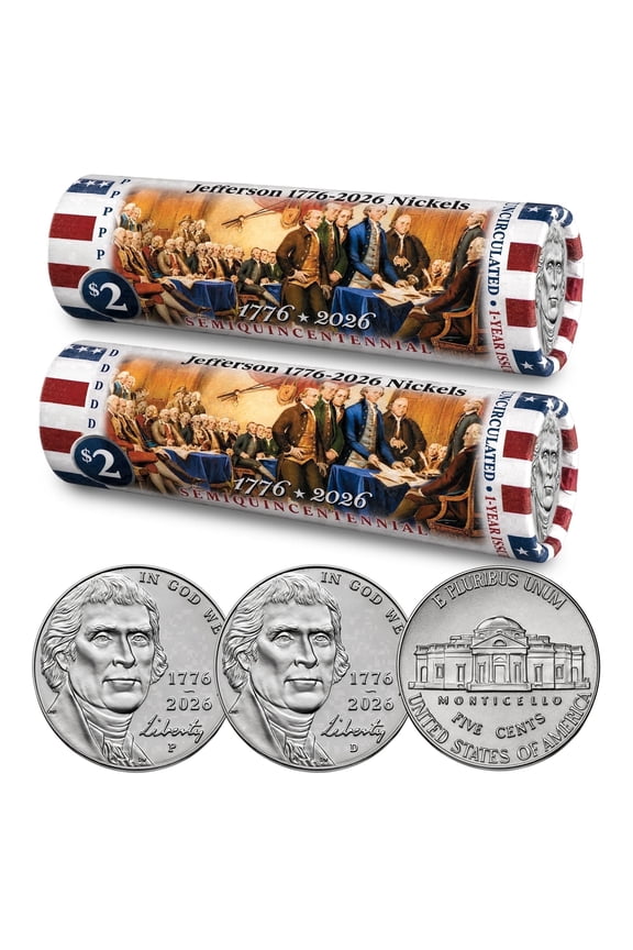 2026 P & D Set Jefferson Liberty Nickel  DECLARATION OF INDEPENDENCE  Brilliant Uncirculated Coin Rolls, America's 250th Anniversary