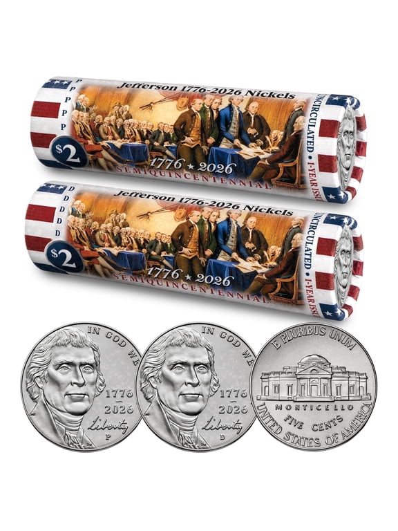 Collectible 2026 P & D Set Jefferson Liberty Nickel • DECLARATION OF INDEPENDENCE • Brilliant Uncirculated Coin Rolls, America's 250th Anniversary